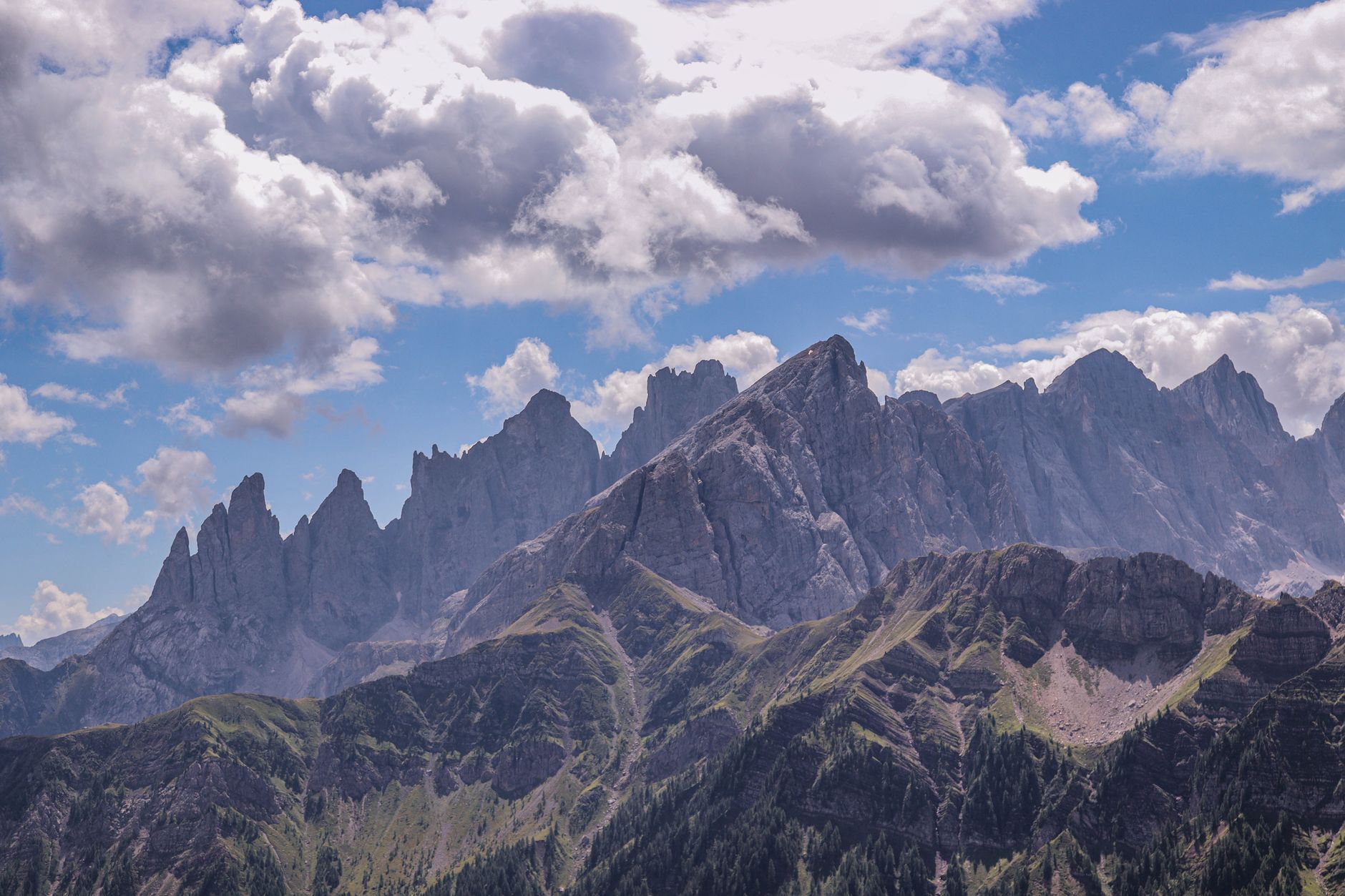 Dolomites limestone peaks bathed in morning mist
