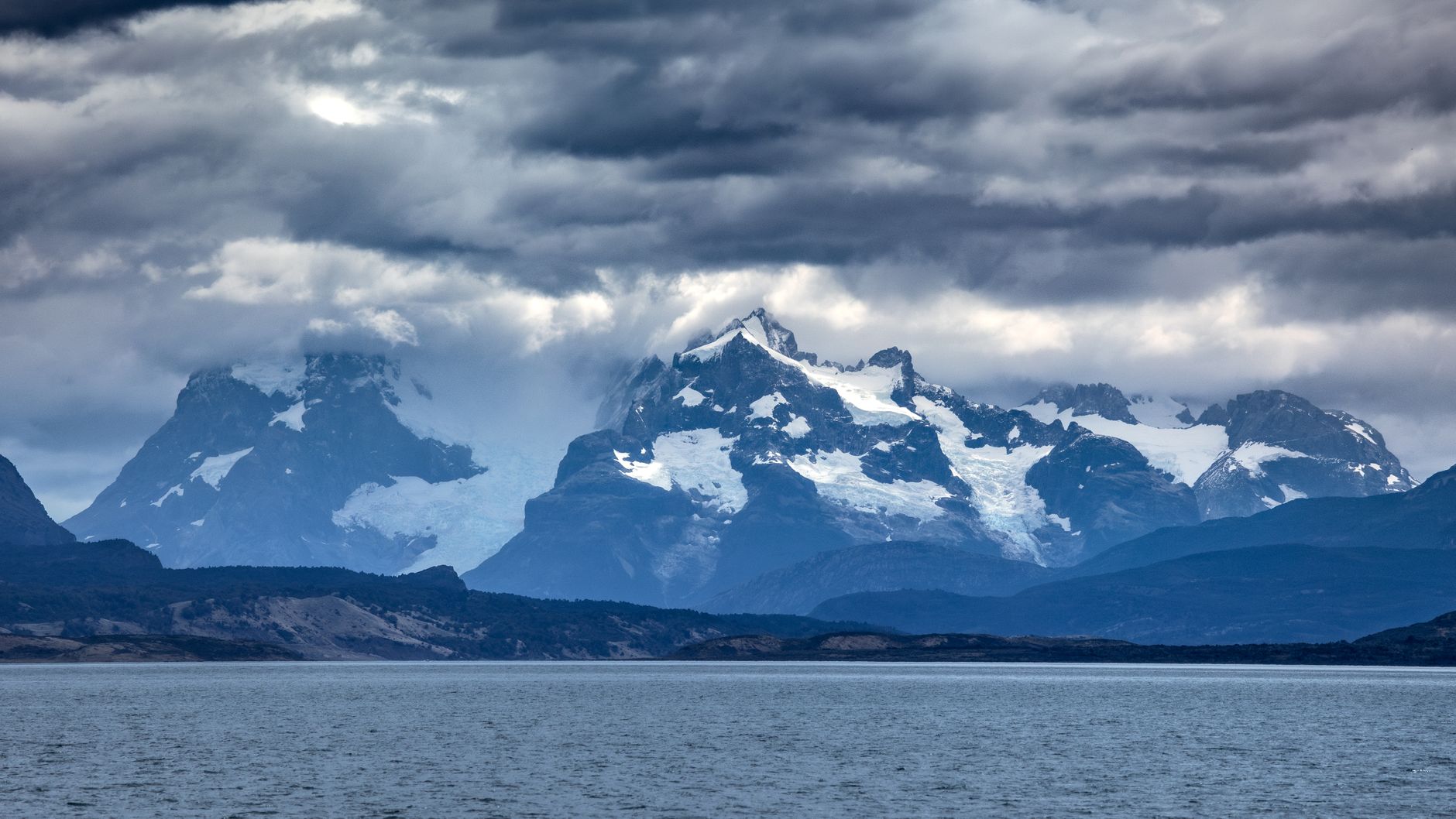 Patagonian ice fjord and dramatic mountain weather